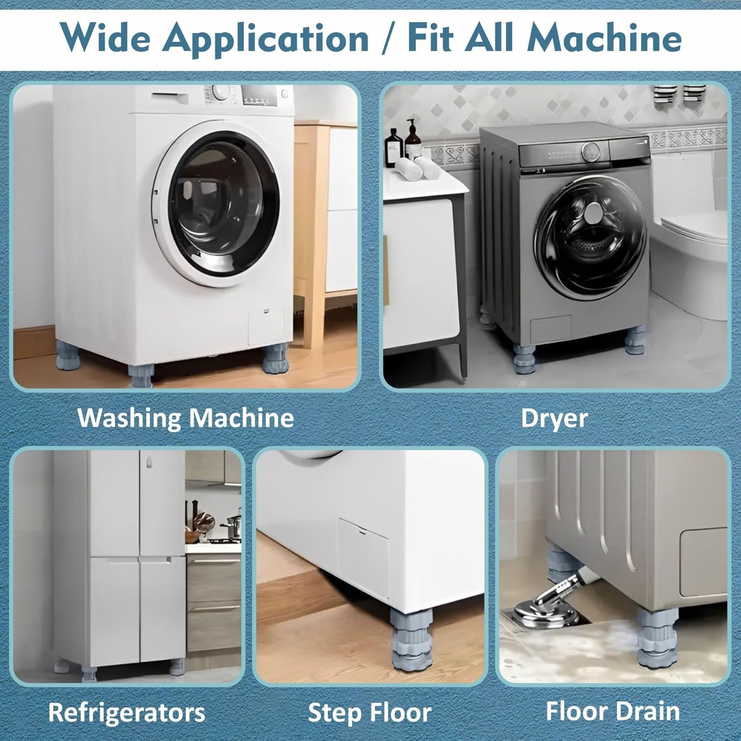 Washing Machine Vibration Pads, Floor Trays, Refrigerator Stand (4 Pcs Set)